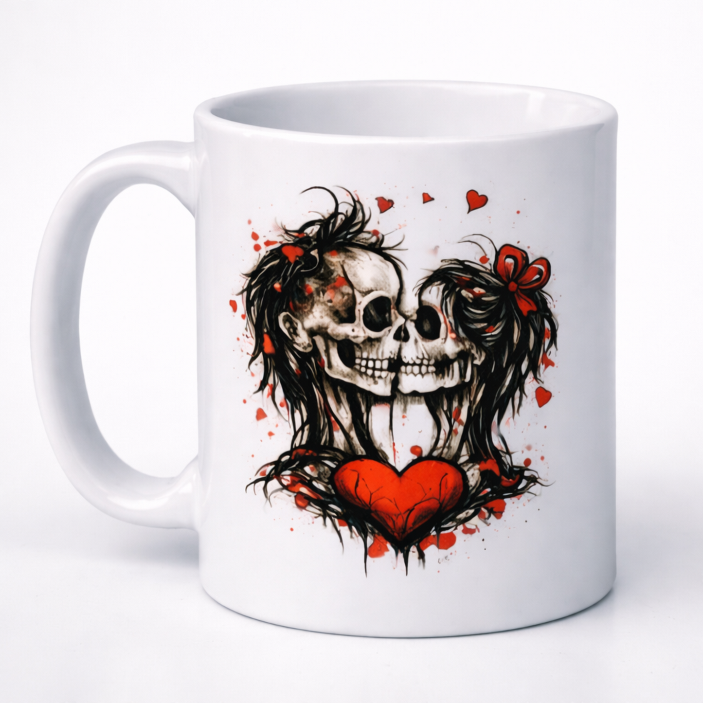Close-up of gothic skull artwork and mug handle detail