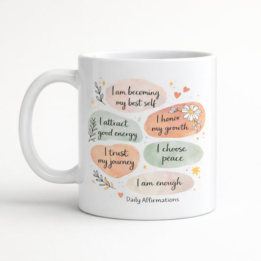 Affirmation coffee mug with inspirational phrases on clean white background