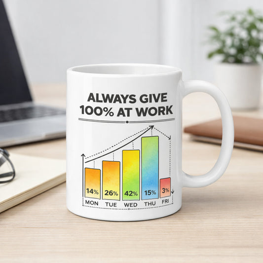 Funny workweek coffee mug on modern office desk with laptop and notebook