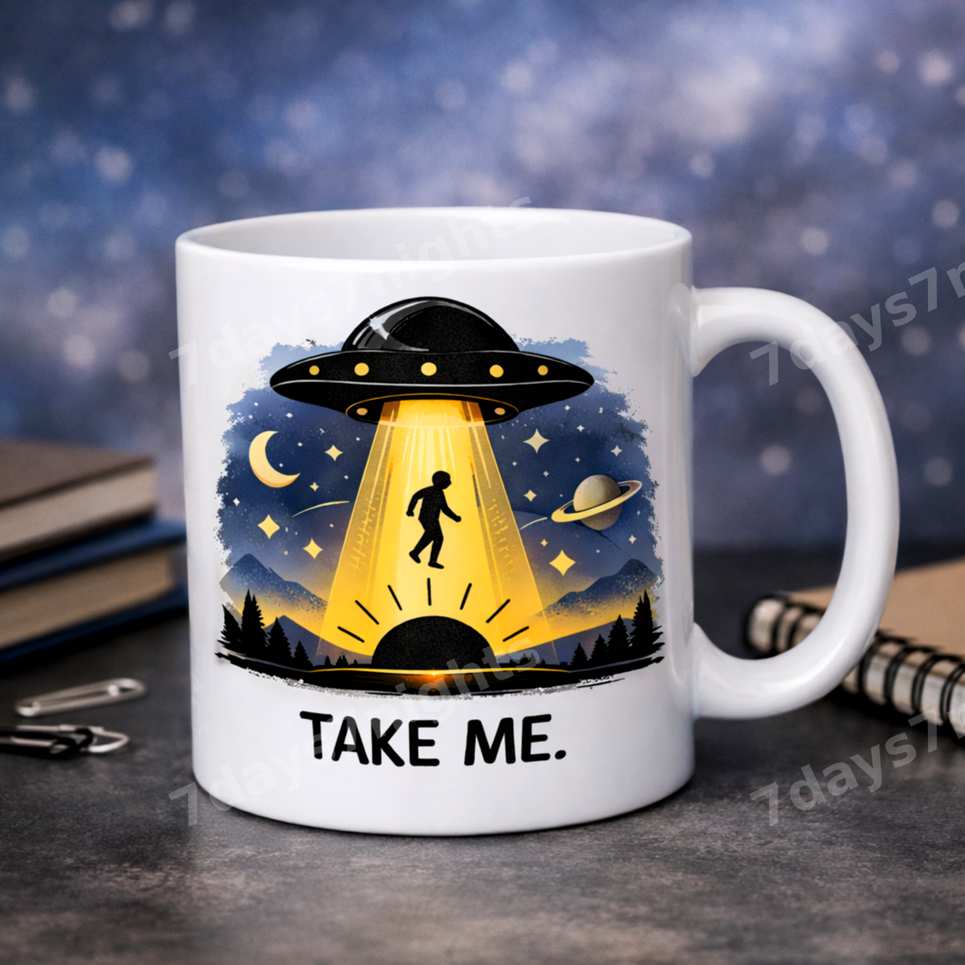 Side view of UFO alien mug with handle.