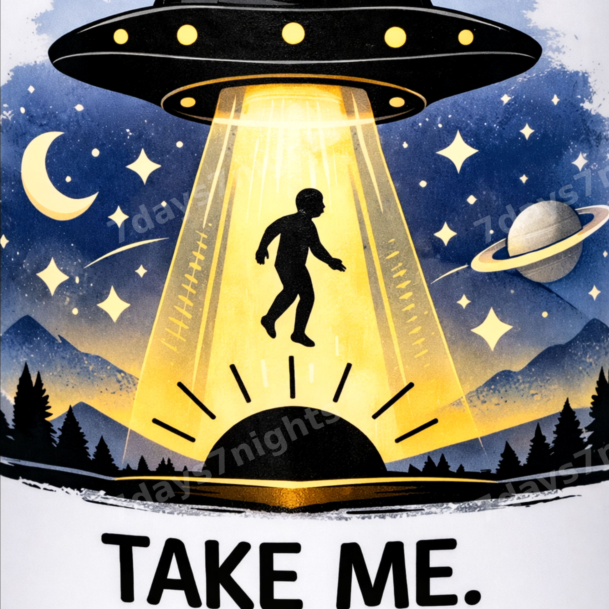 Close-up of alien abduction artwork on mug.