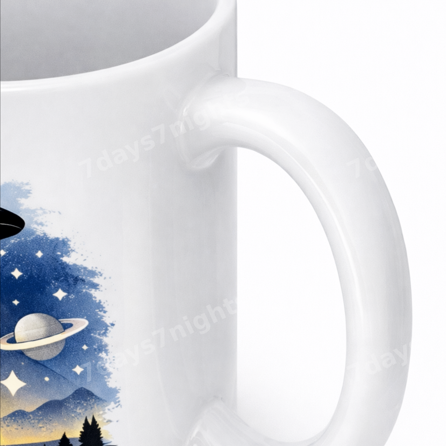 Mug handle detail showing print quality.