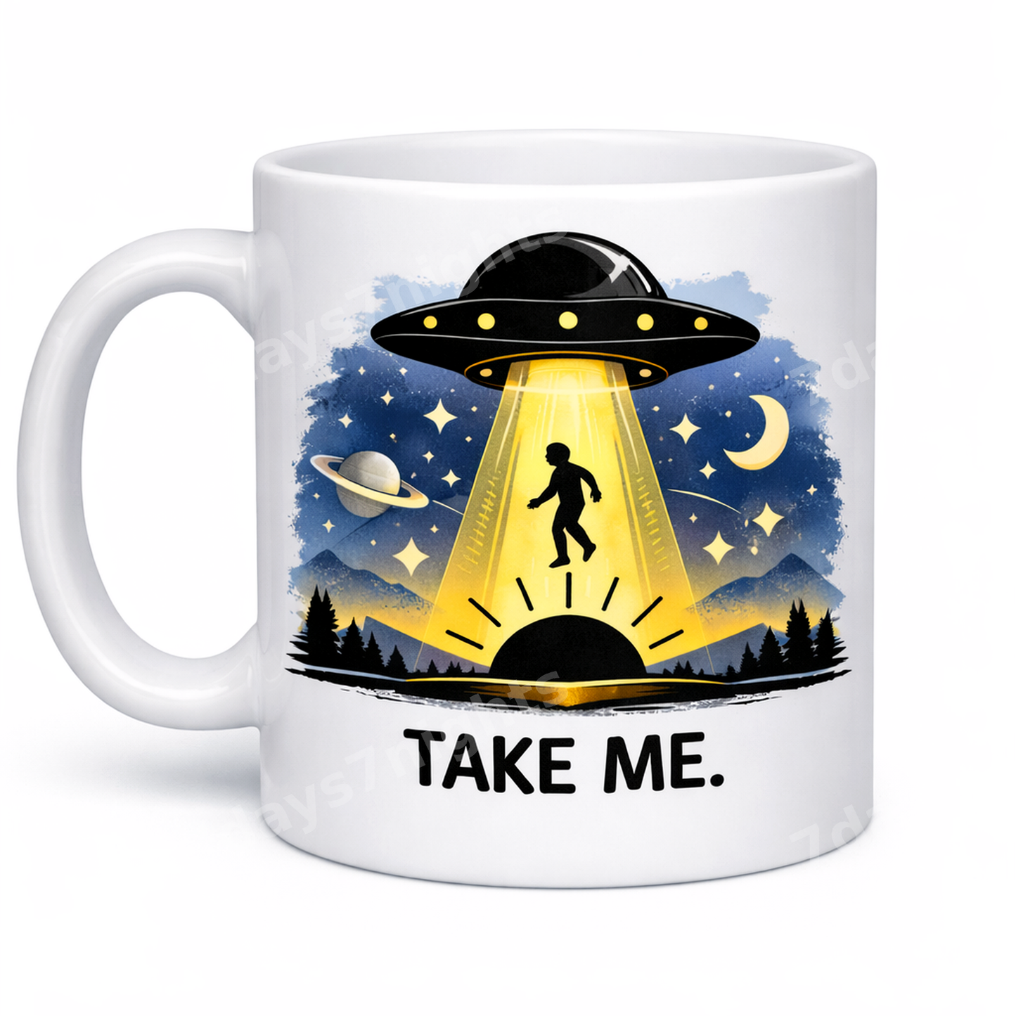 UFO coffee mug with alien abduction design and Take Me quote.