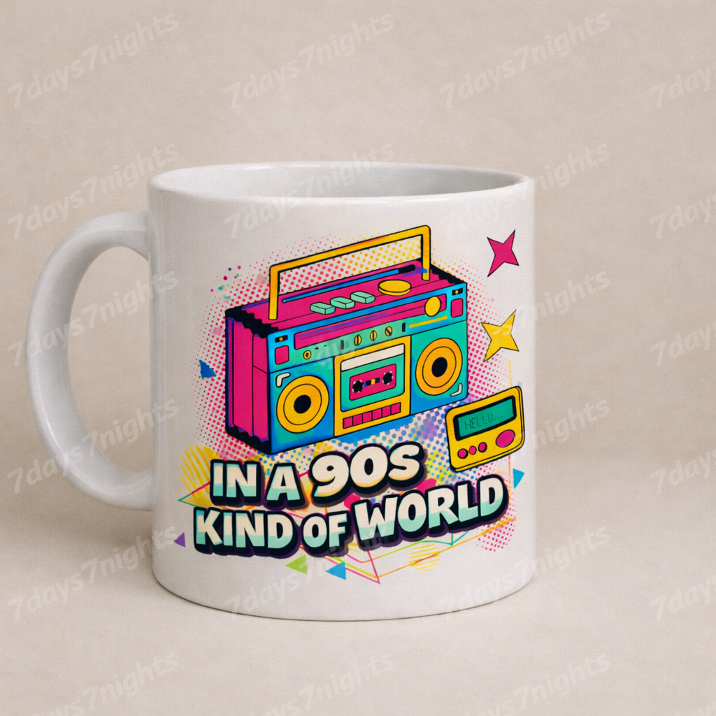 Side view of 90s nostalgia mug showing handle and depth