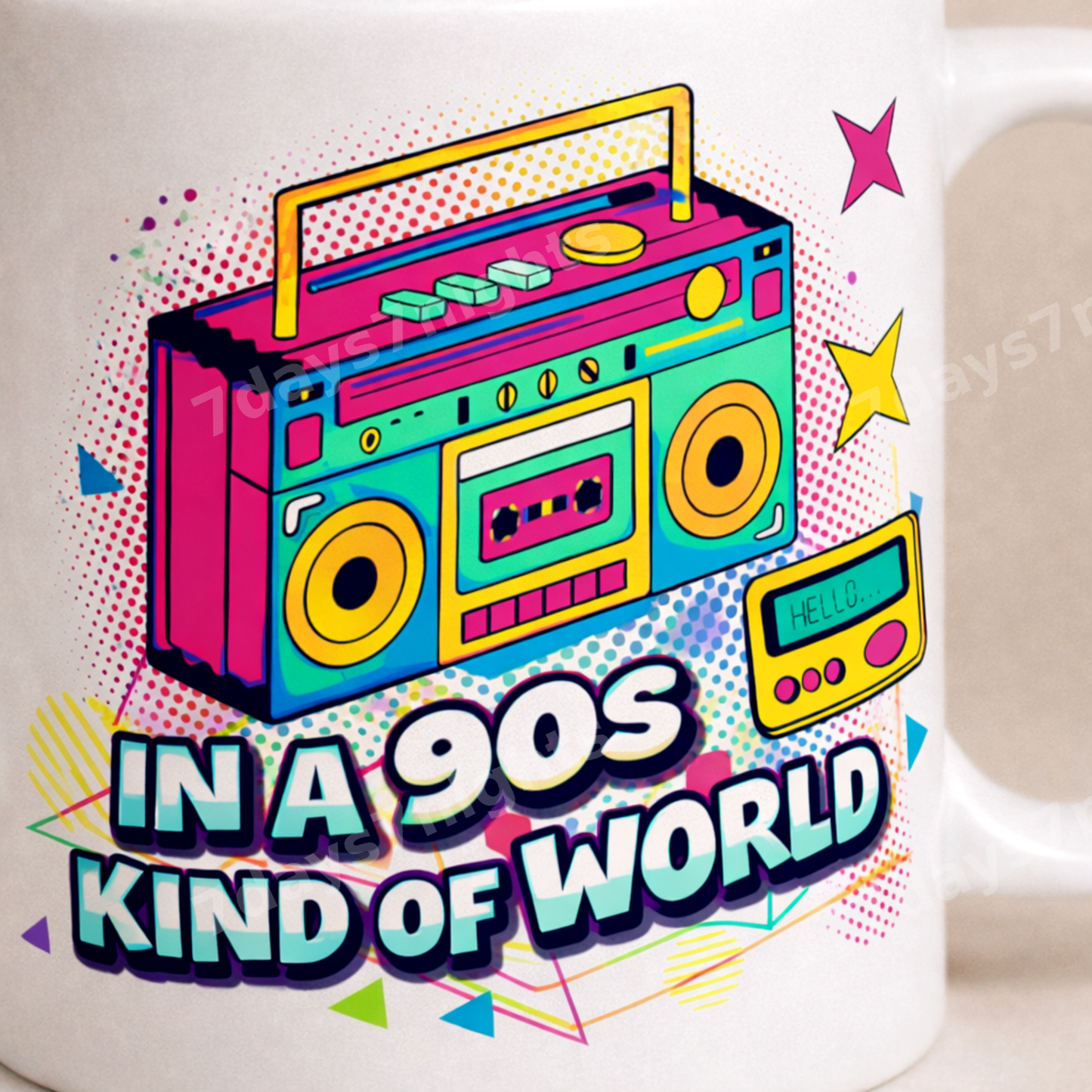 Close-up of boombox artwork on 90s themed coffee mug