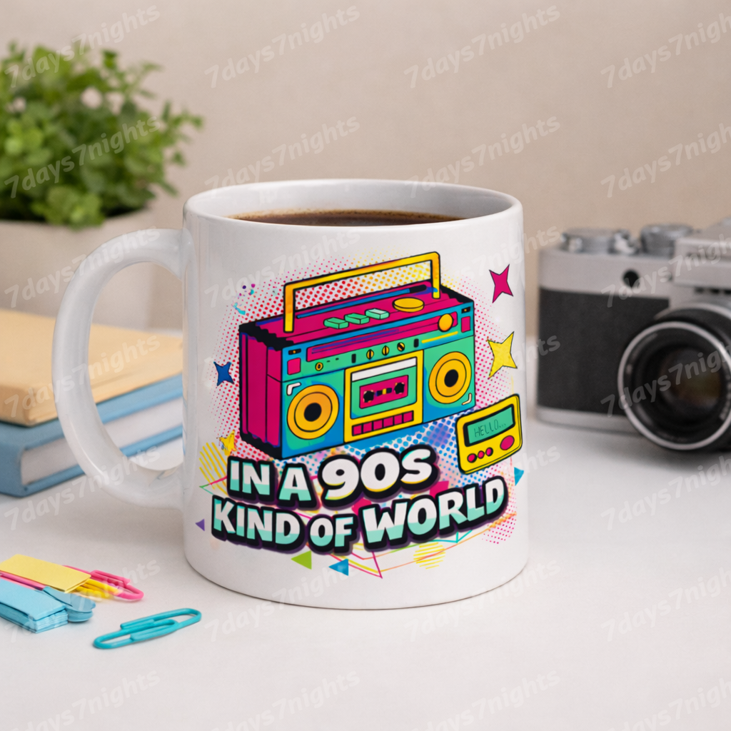 90s retro boombox coffee mug with colorful design