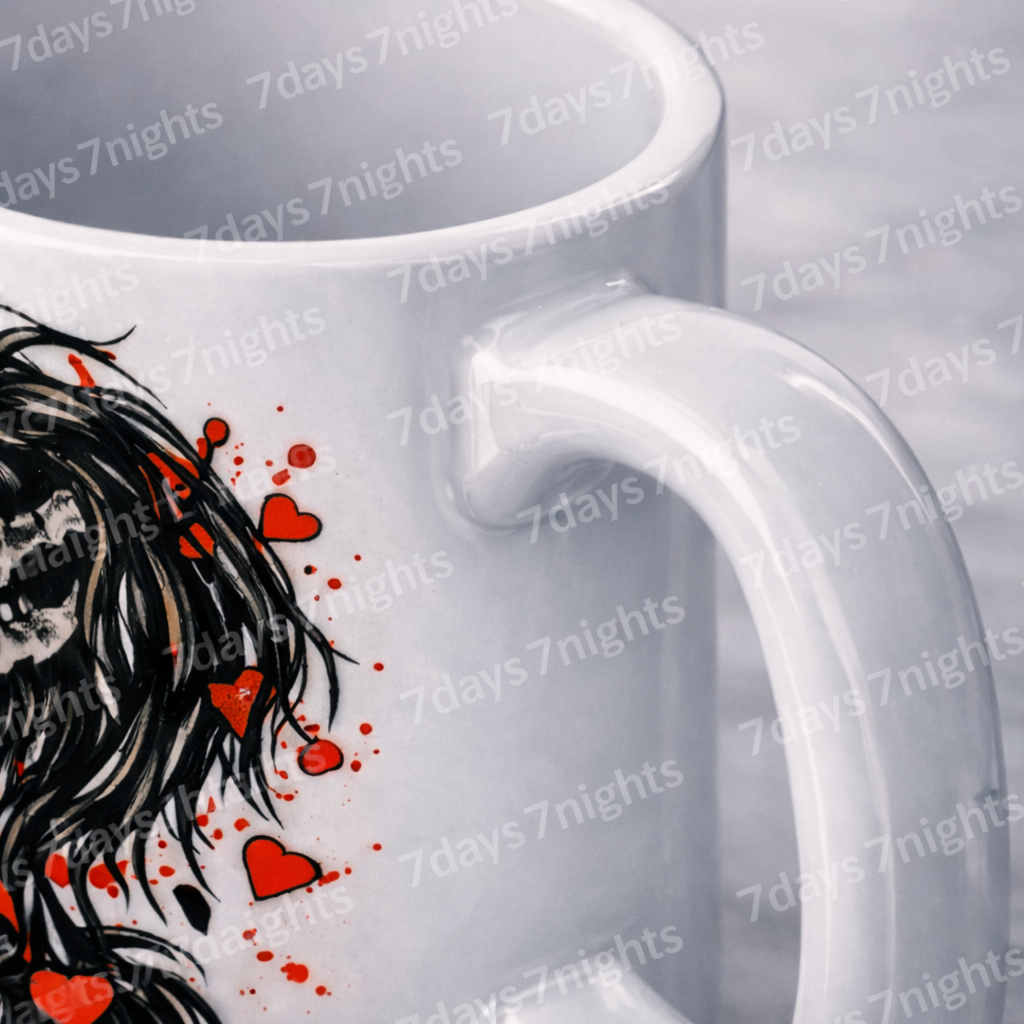 Gothic skeleton couple kissing artwork with red hearts on coffee mug