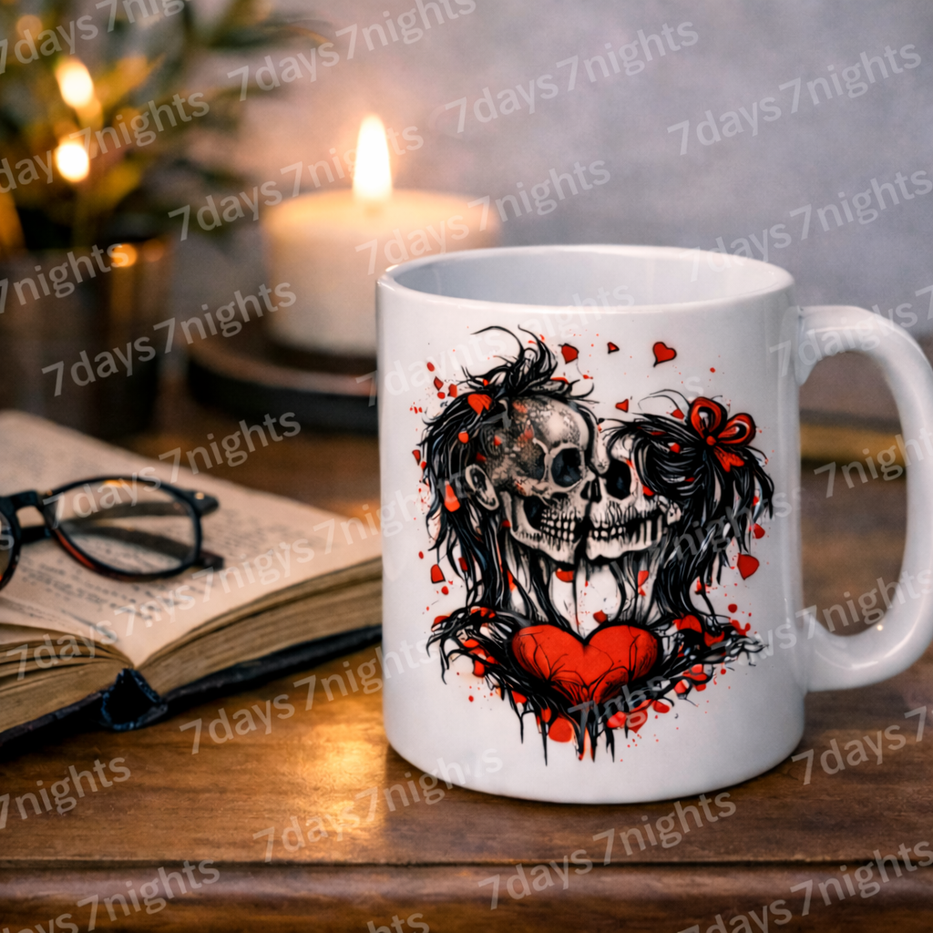 Gothic skeleton love mug on wooden desk with candle and book