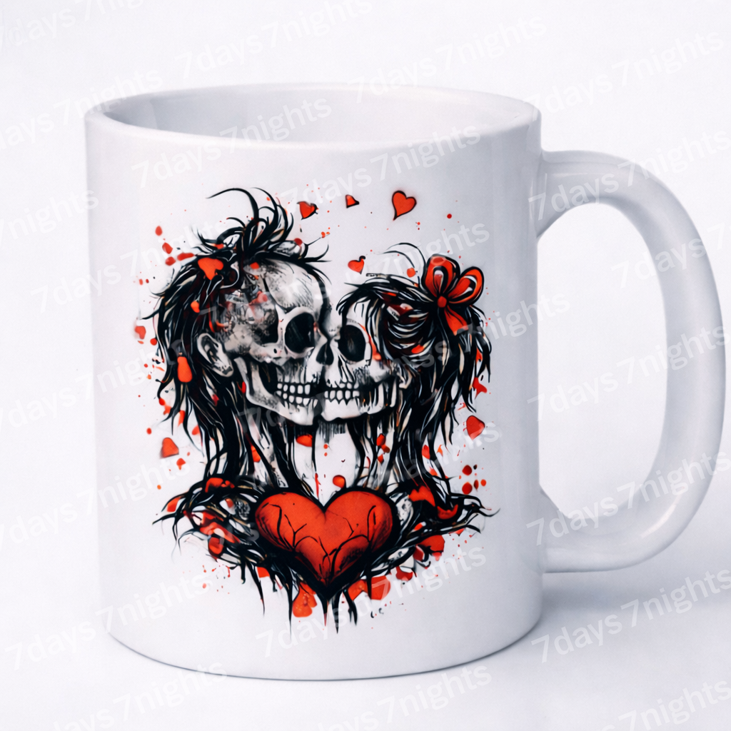 7days7nights gothic skeleton kiss coffee mug on white background