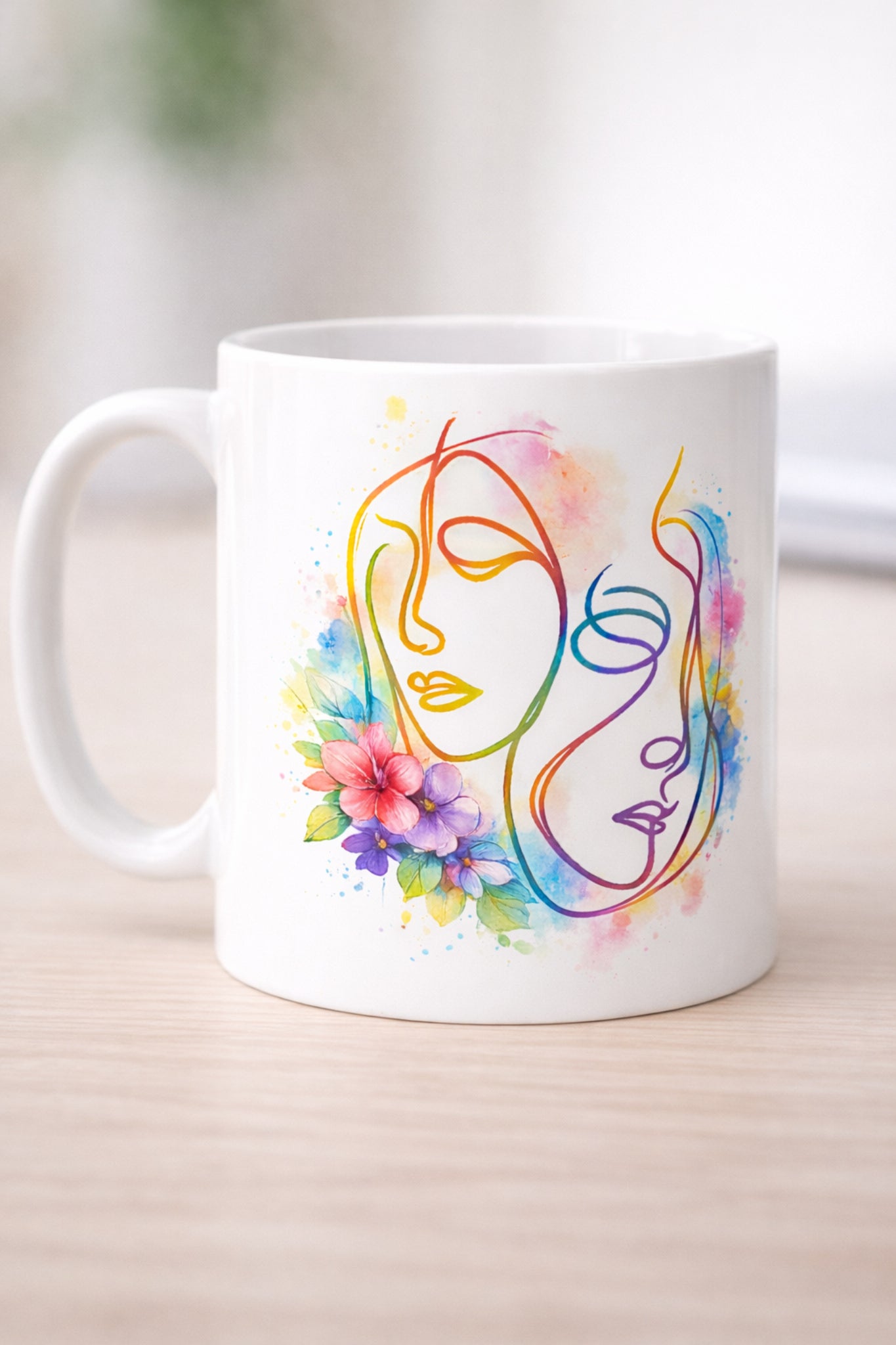 Side view of white ceramic mug showing abstract face art design
