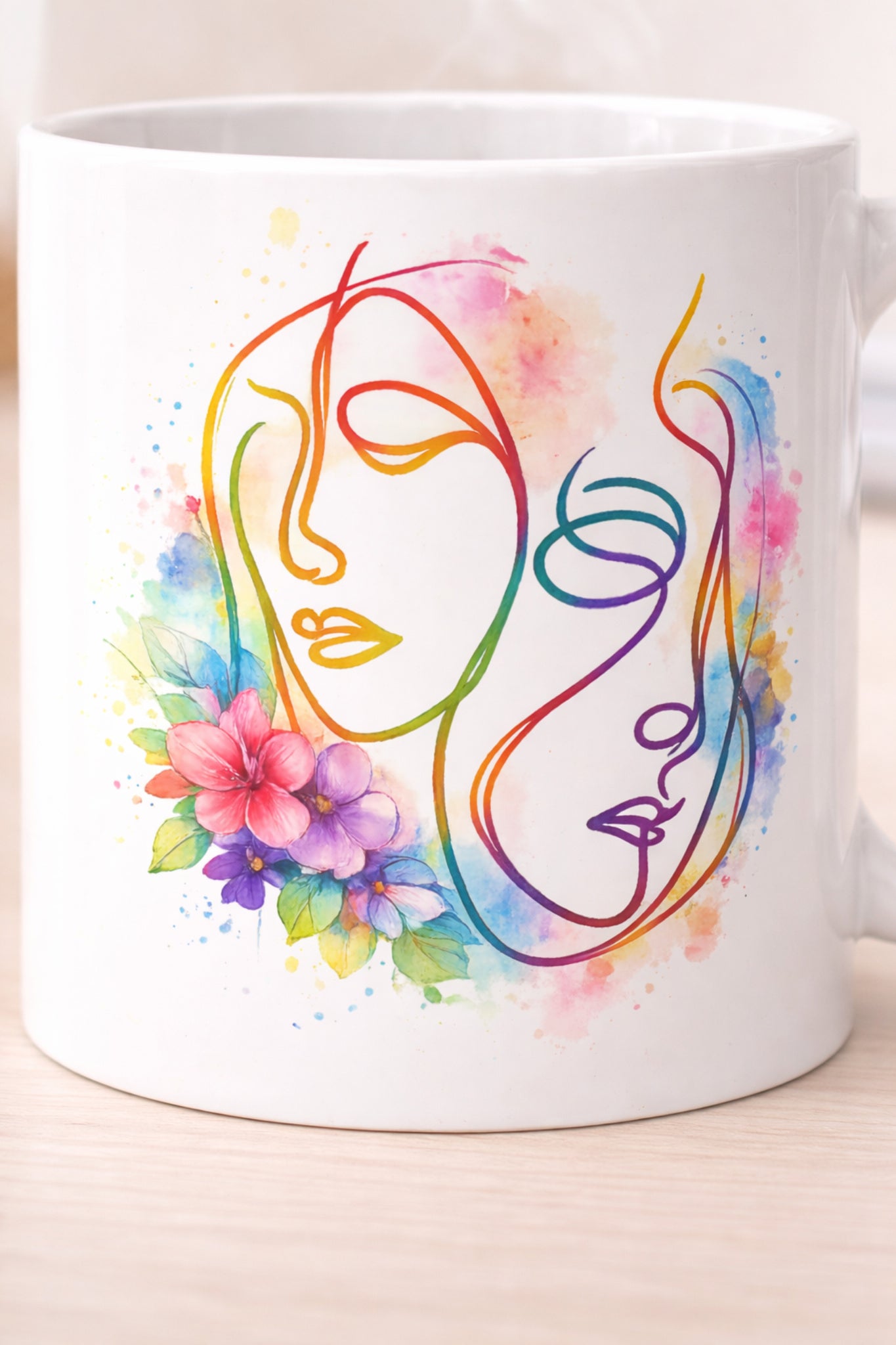 Close-up of abstract face line art with floral watercolor details on mug