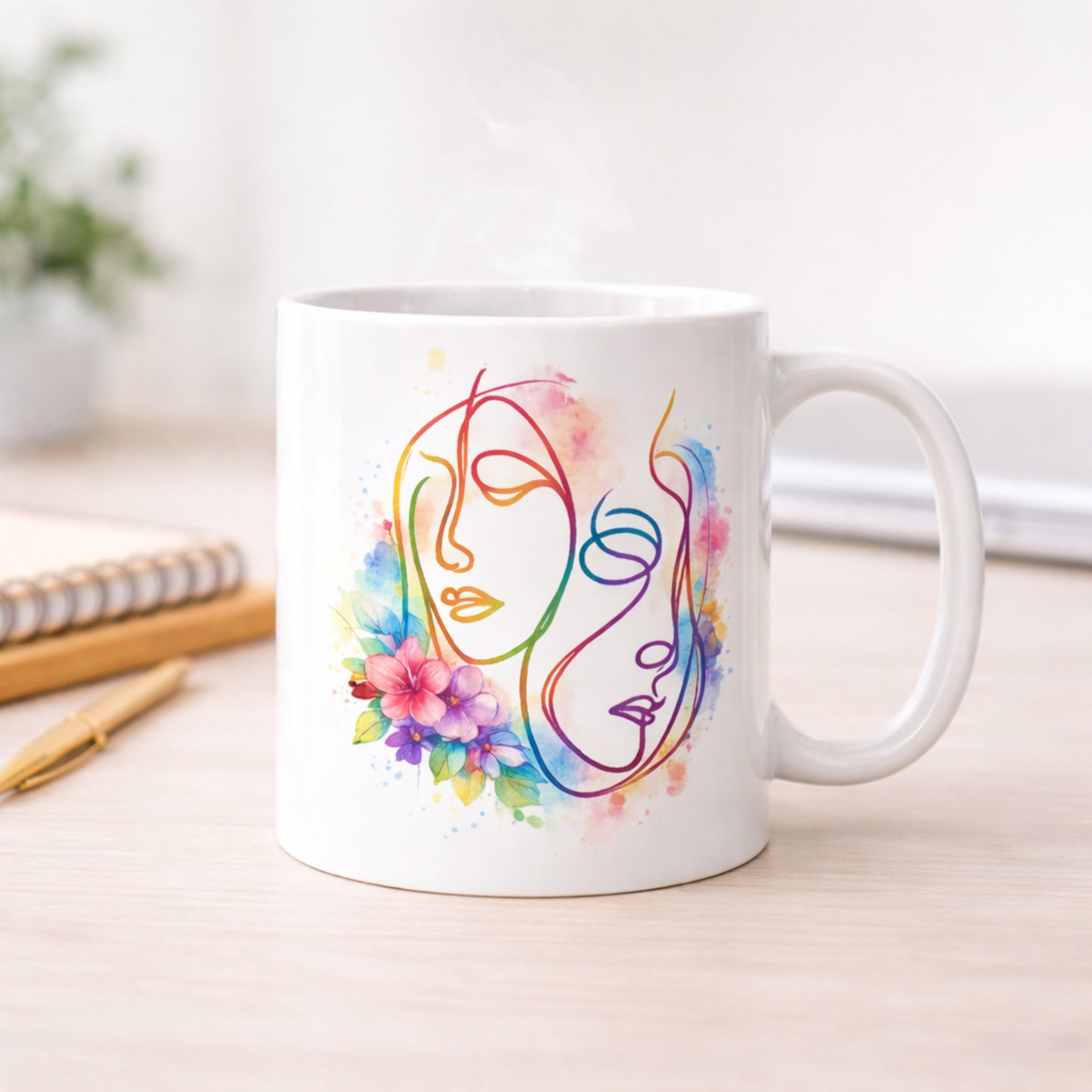 Abstract face art mug displayed on desk in soft lifestyle setting