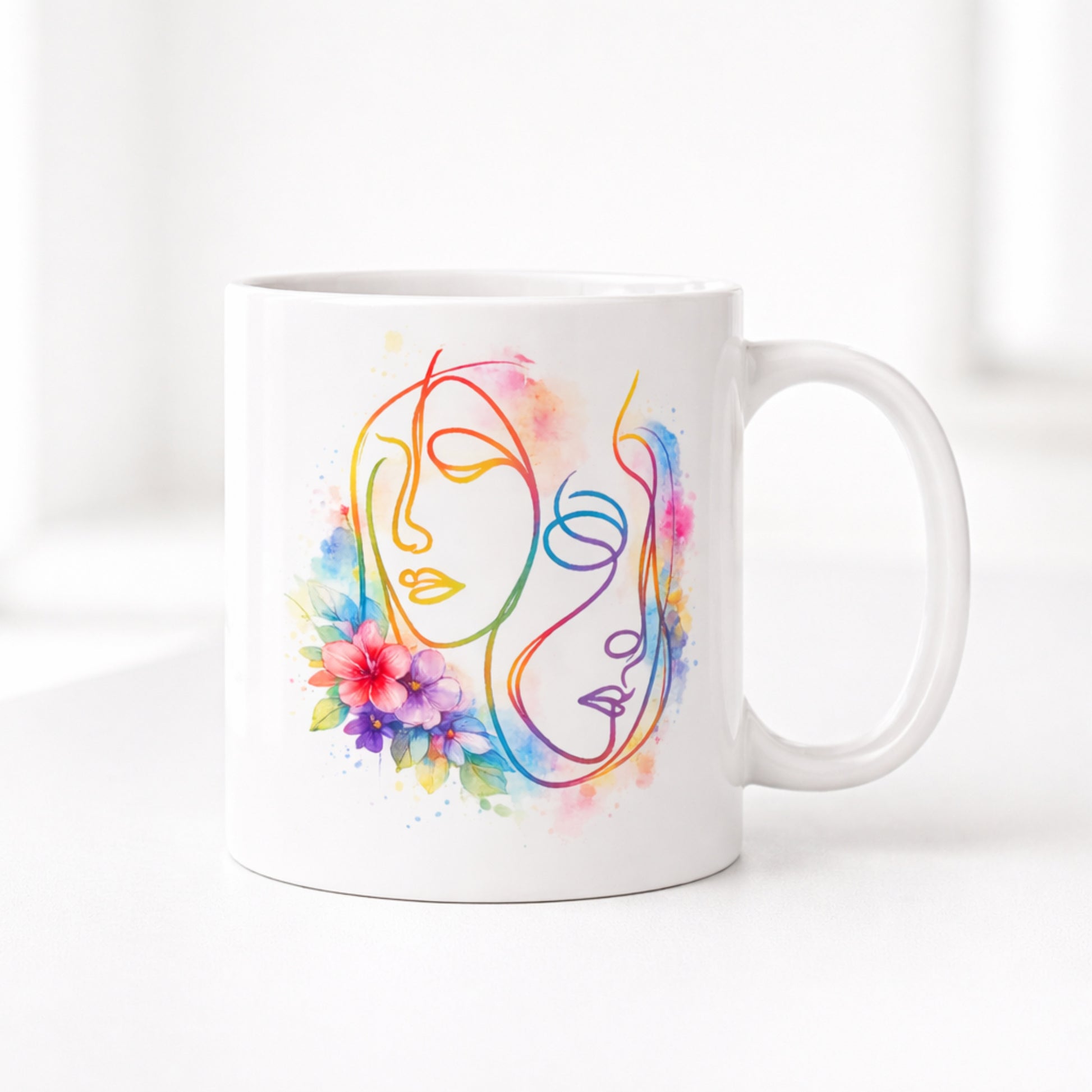 Modern abstract face illustration printed on white ceramic mug