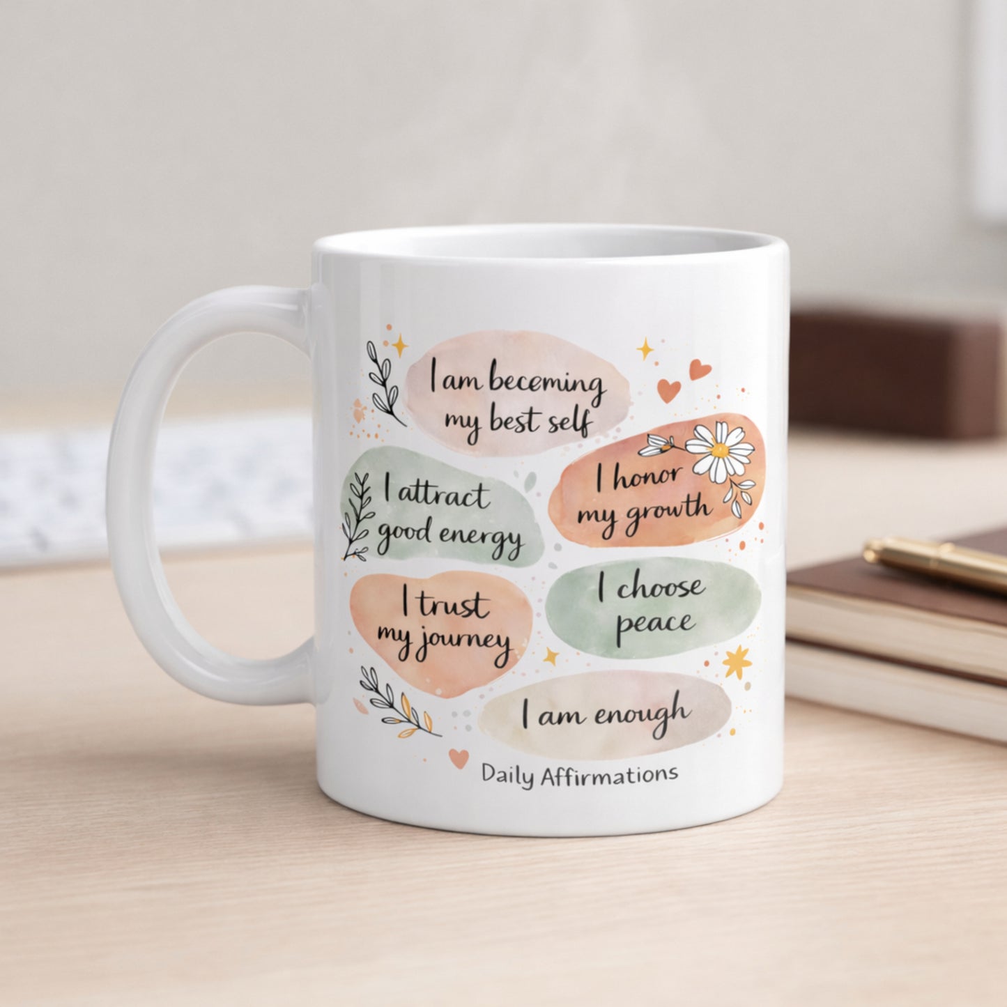 Daily affirmations mug on desk creating a peaceful and mindful work environment
