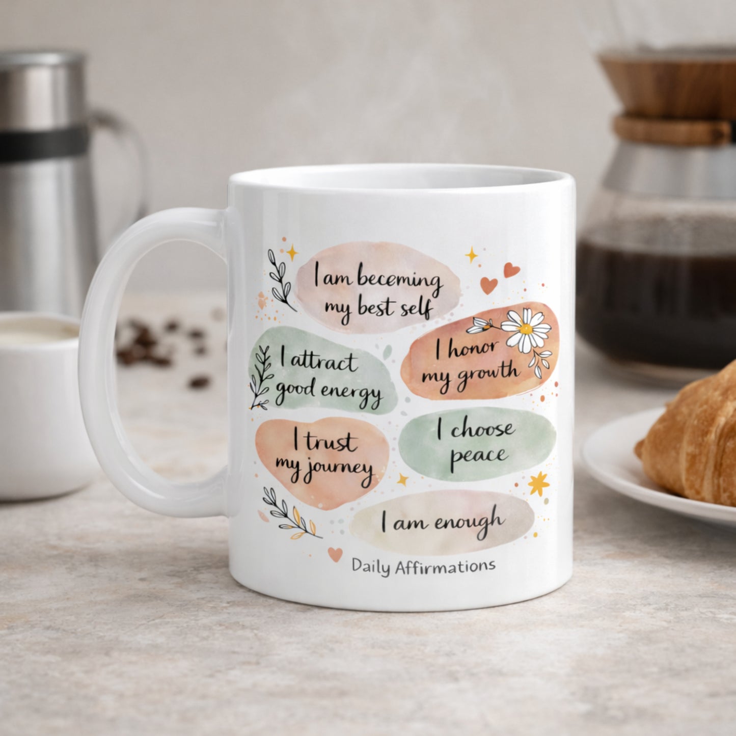 Inspirational affirmation mug styled with coffee and breakfast for mindful mornings