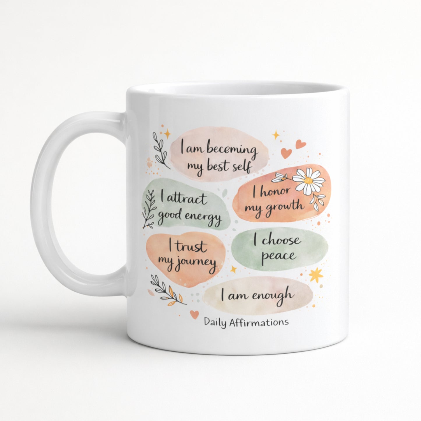 Affirmation coffee mug with inspirational phrases on clean white background