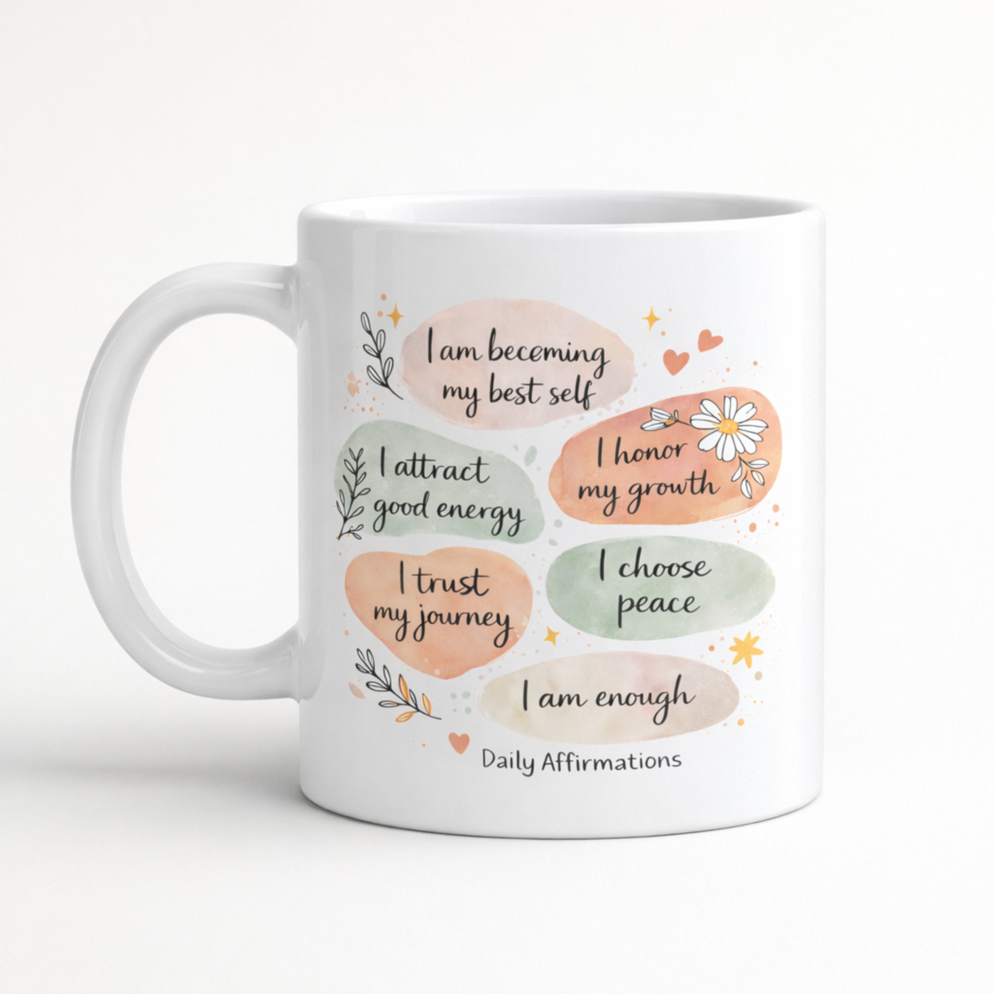 Affirmation coffee mug with inspirational phrases on clean white background