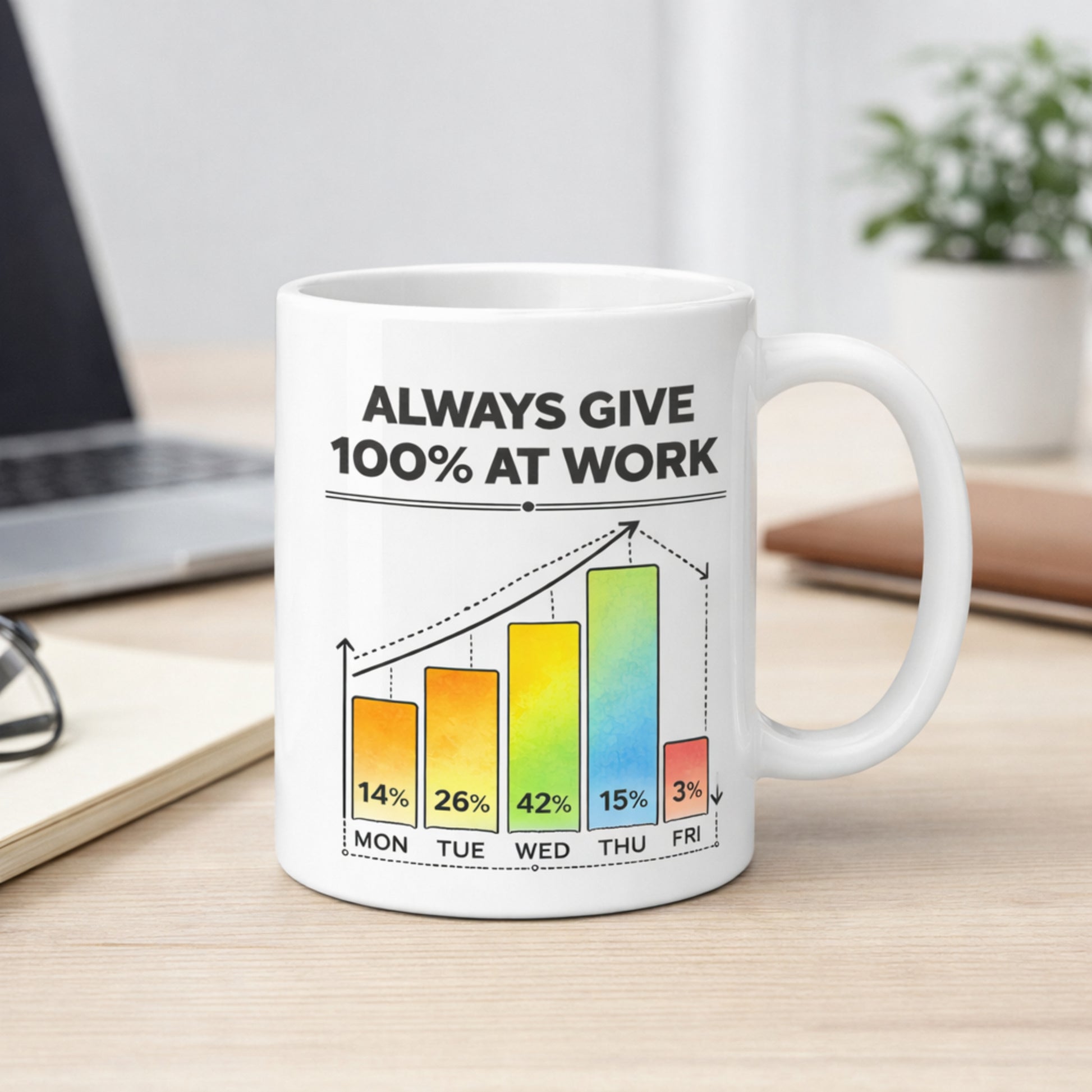 Funny workweek coffee mug on modern office desk with laptop and notebook