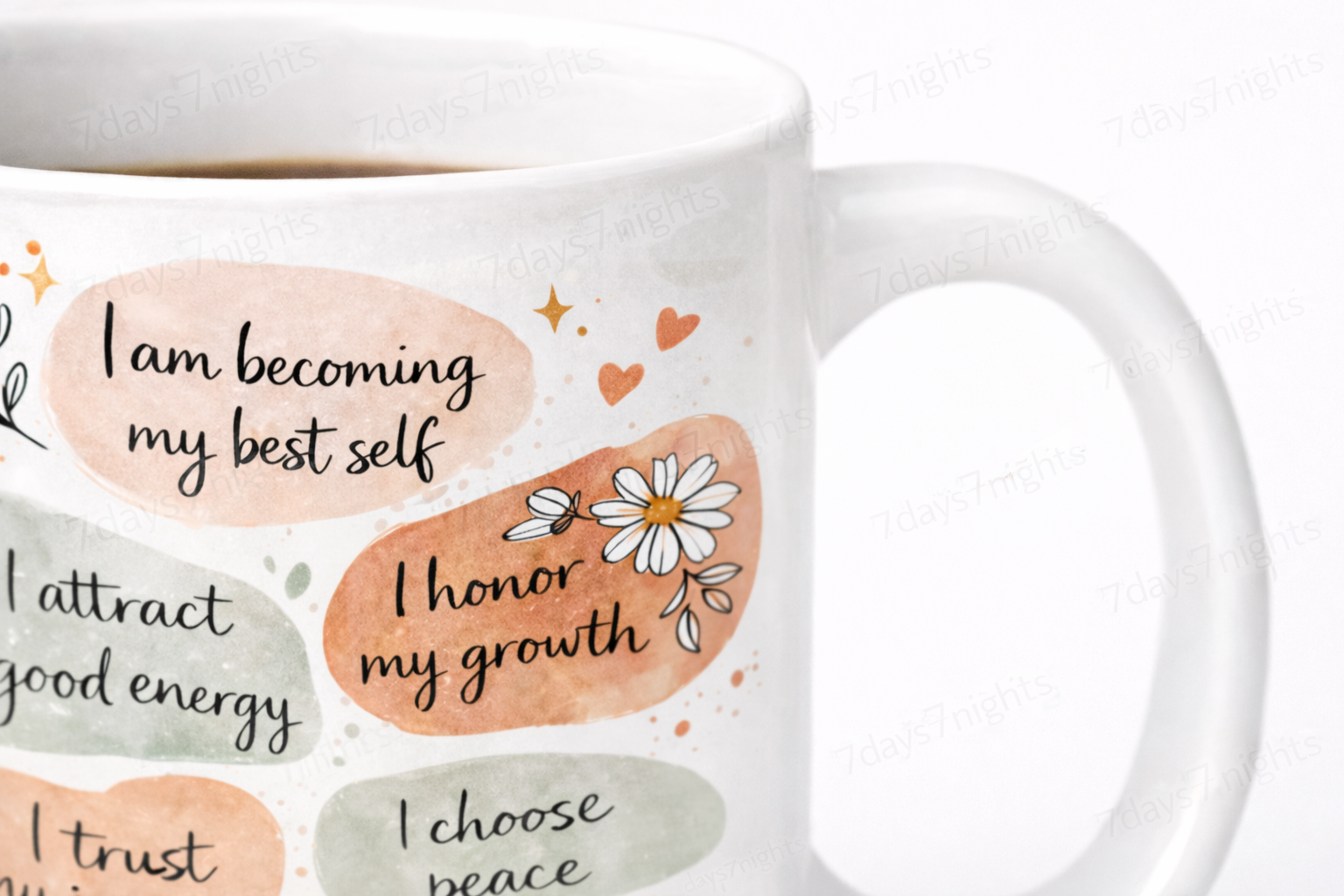 Inspirational daily affirmations coffee mug shown from side angle.