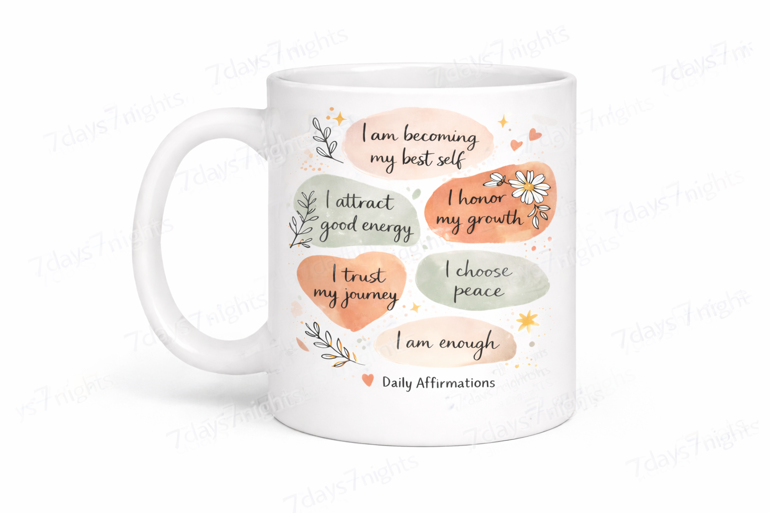 White ceramic inspirational mug with self love affirmations.