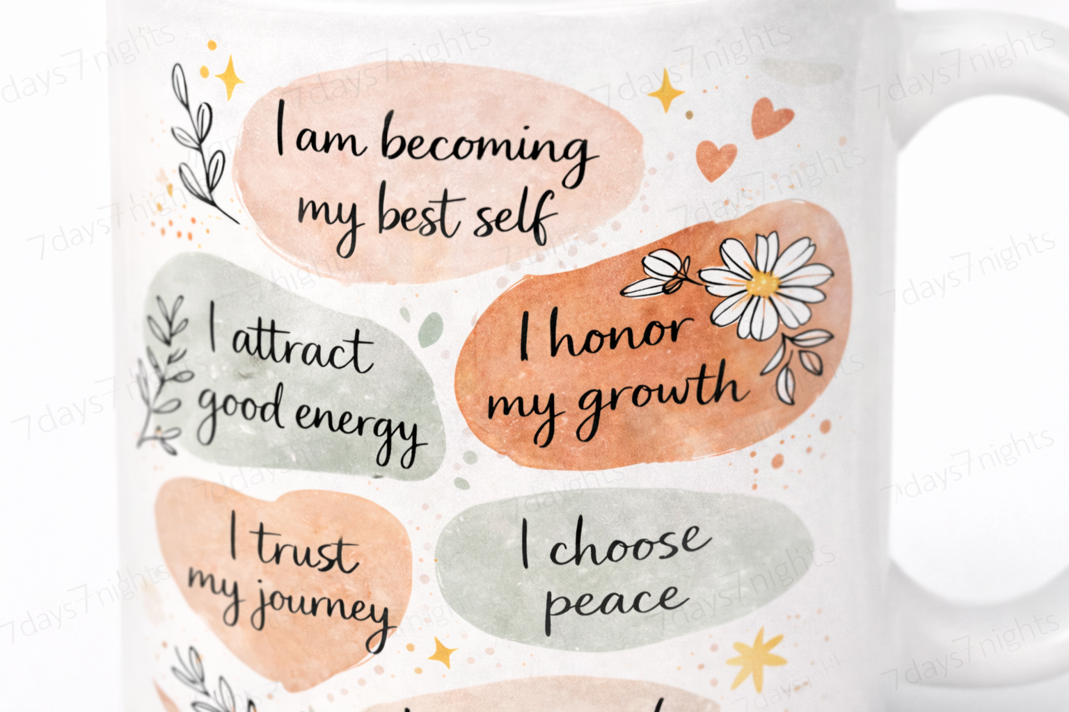 Close-up of motivational affirmations printed on ceramic coffee mug.