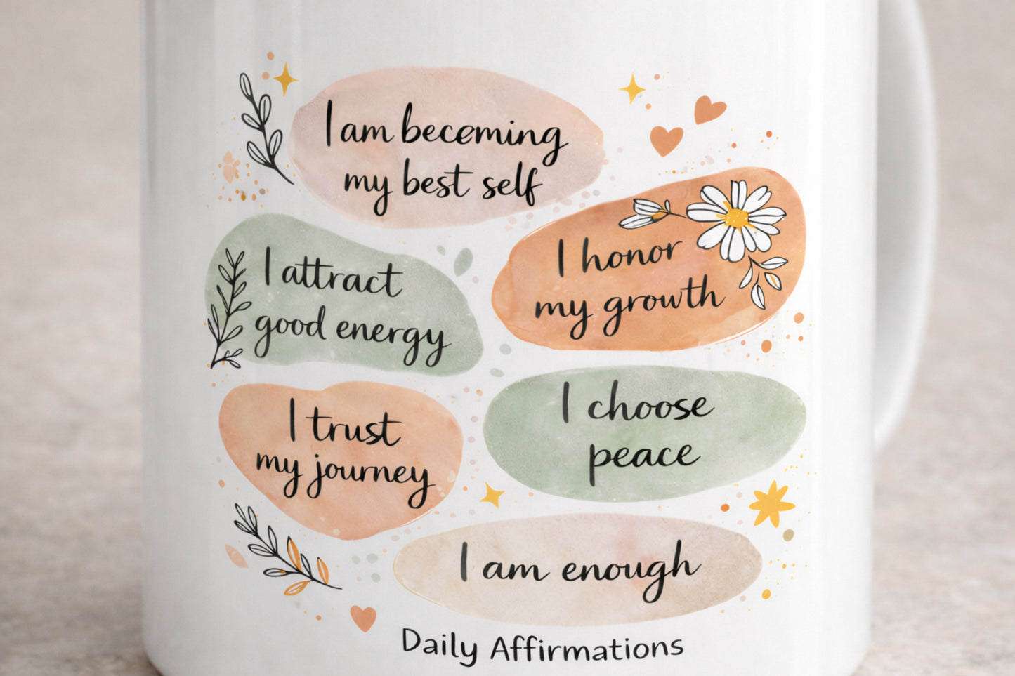 Close up of daily affirmations design showing calming colors and hand lettered text