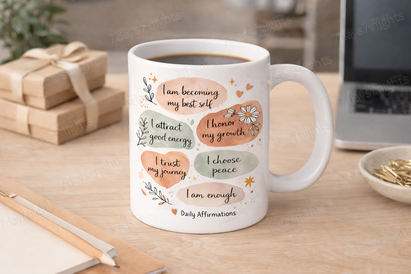 Daily affirmations mug in calm lifestyle desk setting.