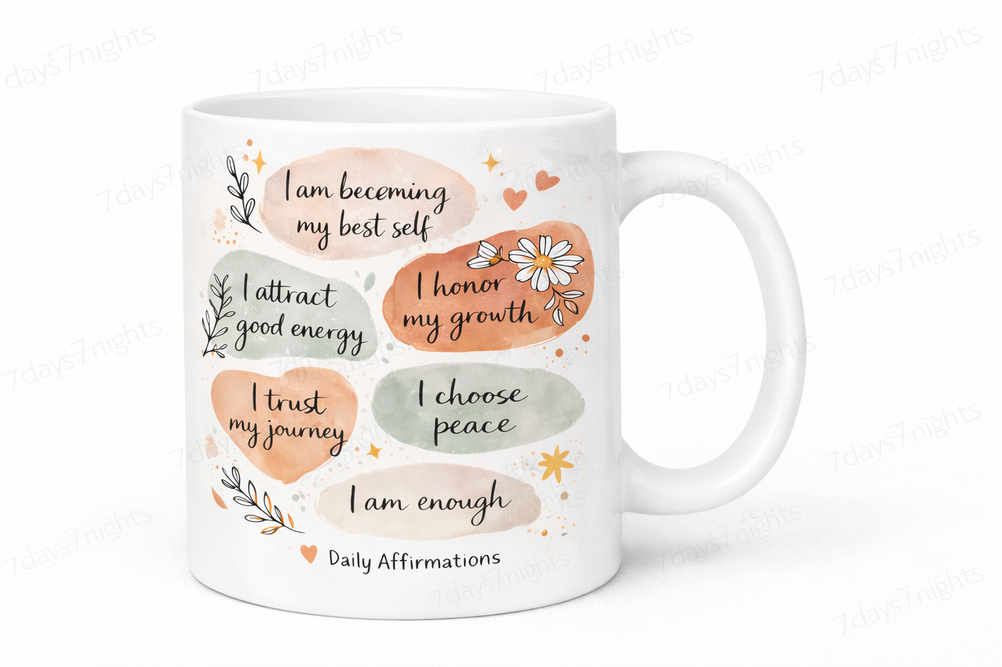 Daily affirmations mug with positive mindset quotes on white ceramic coffee cup.