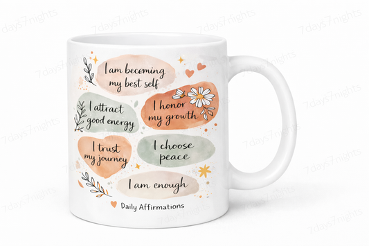 Daily affirmations mug with positive mindset quotes on white ceramic coffee cup.