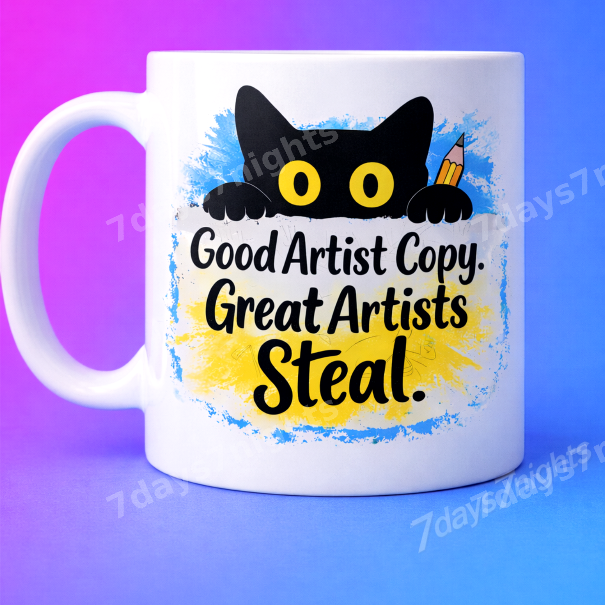 Side view of funny artist cat mug showing handle.