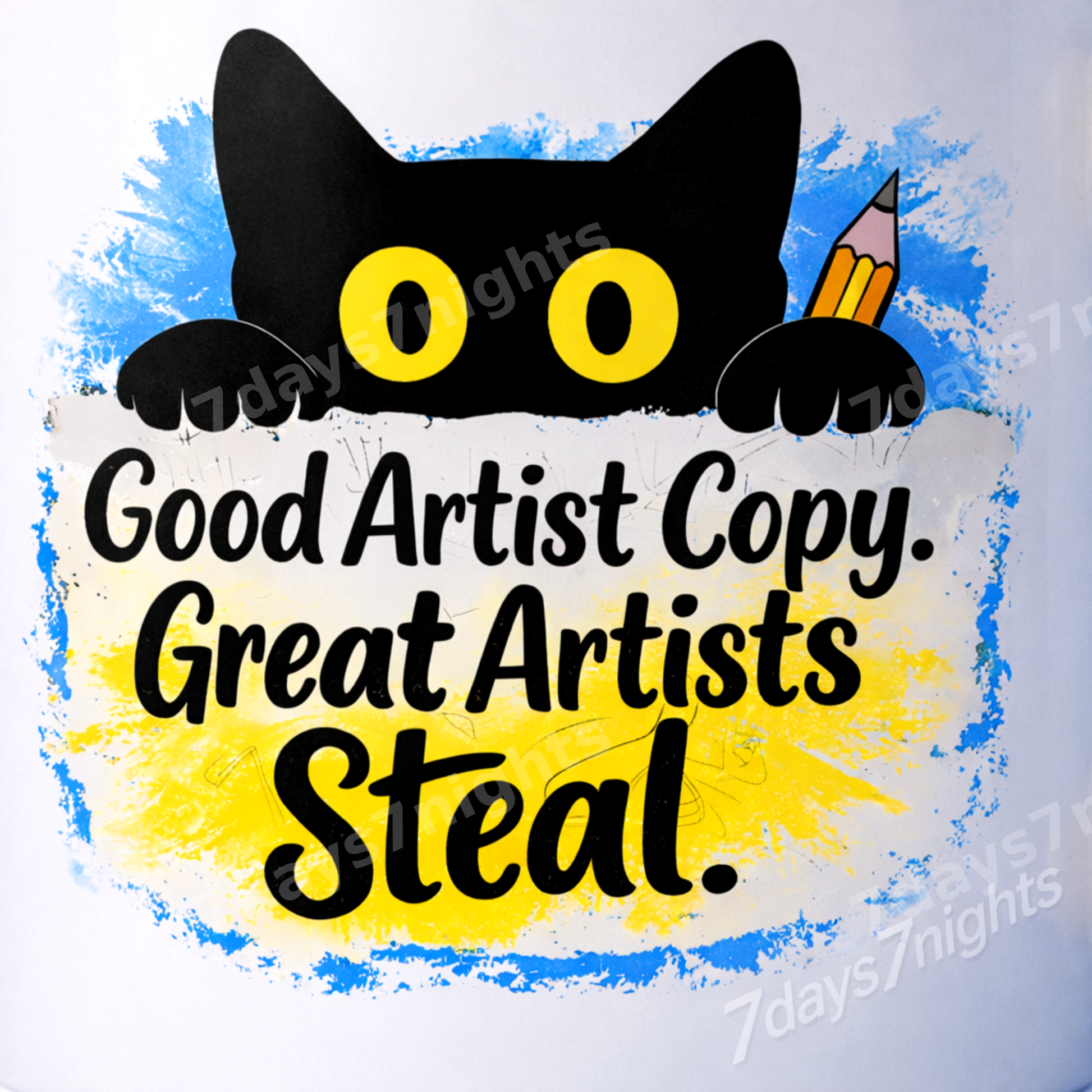 Close-up of cat artwork and quote on coffee mug.