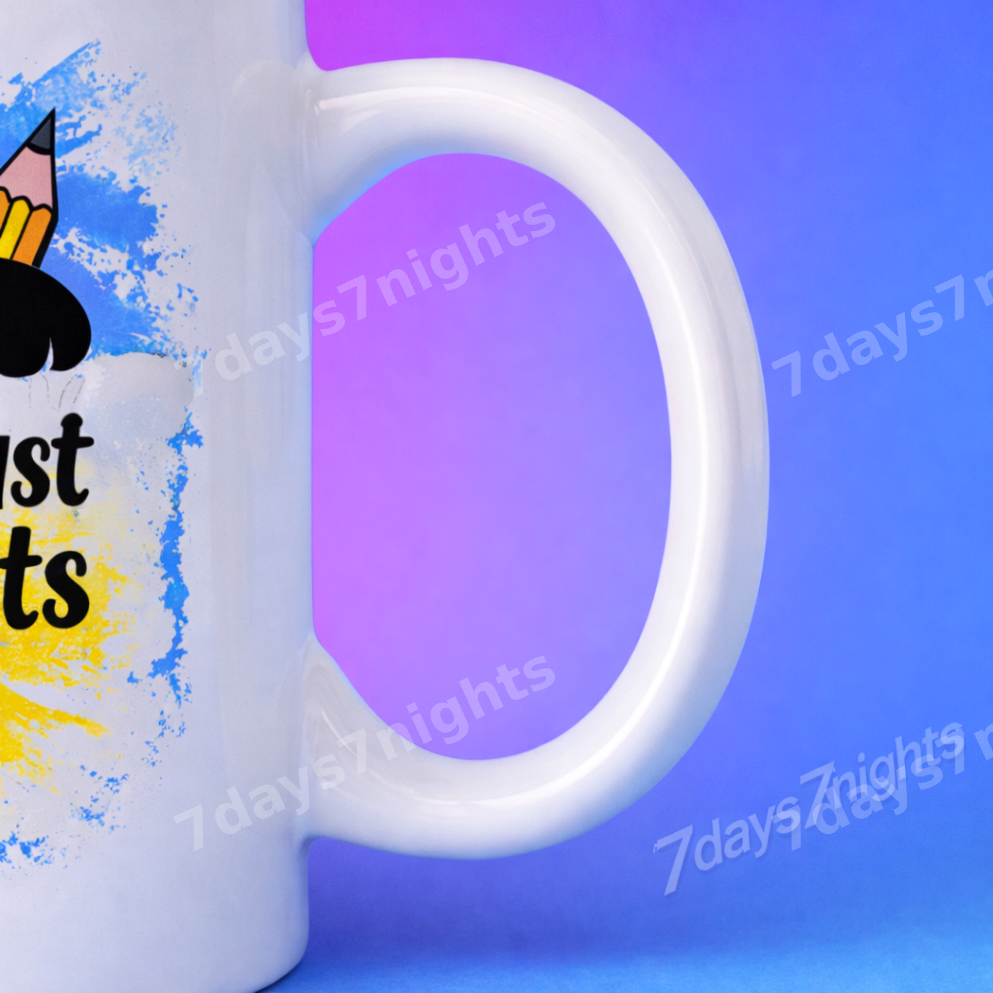 Close detail of mug handle and print quality.