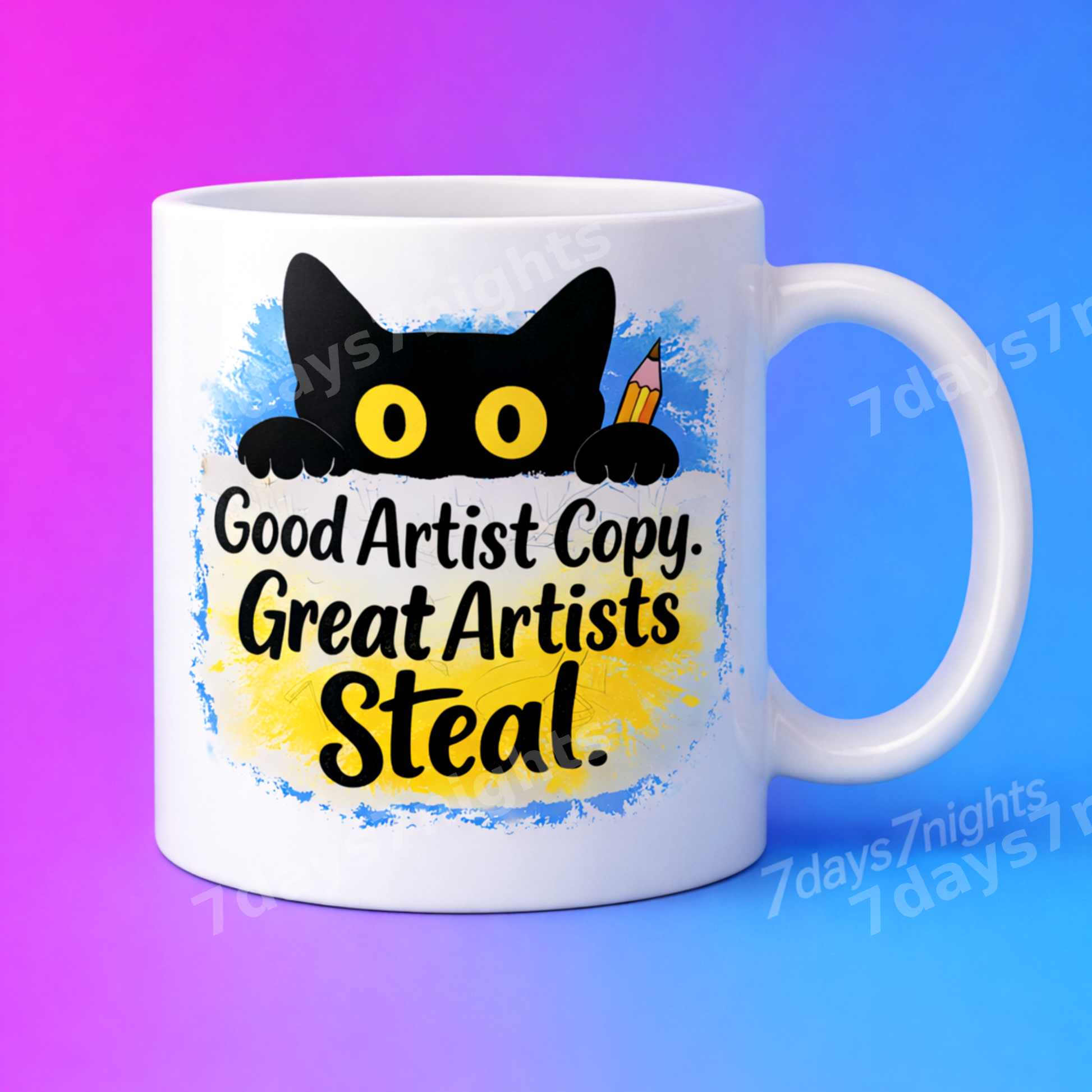 Cat coffee mug with funny artist quote and black cat design.