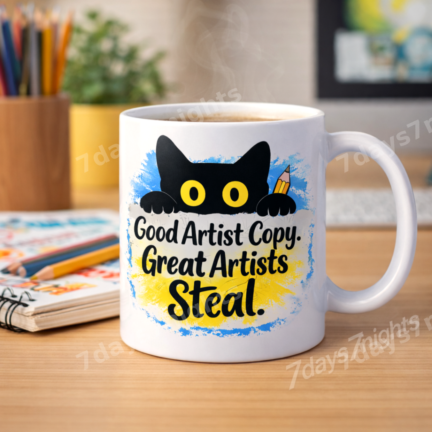 Cat mug on desk with pencils and notebook lifestyle scene.