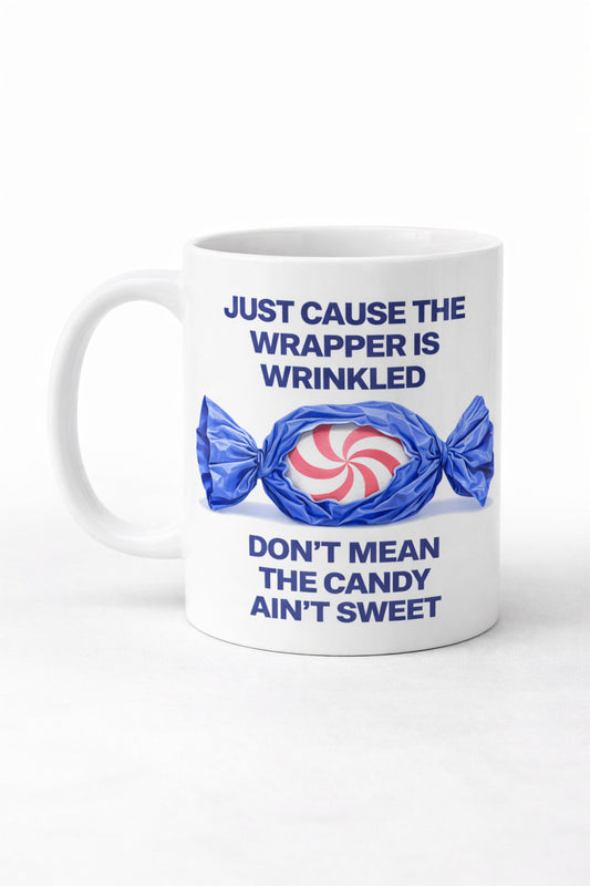Statement quote coffee mug with candy illustration on white ceramic mug