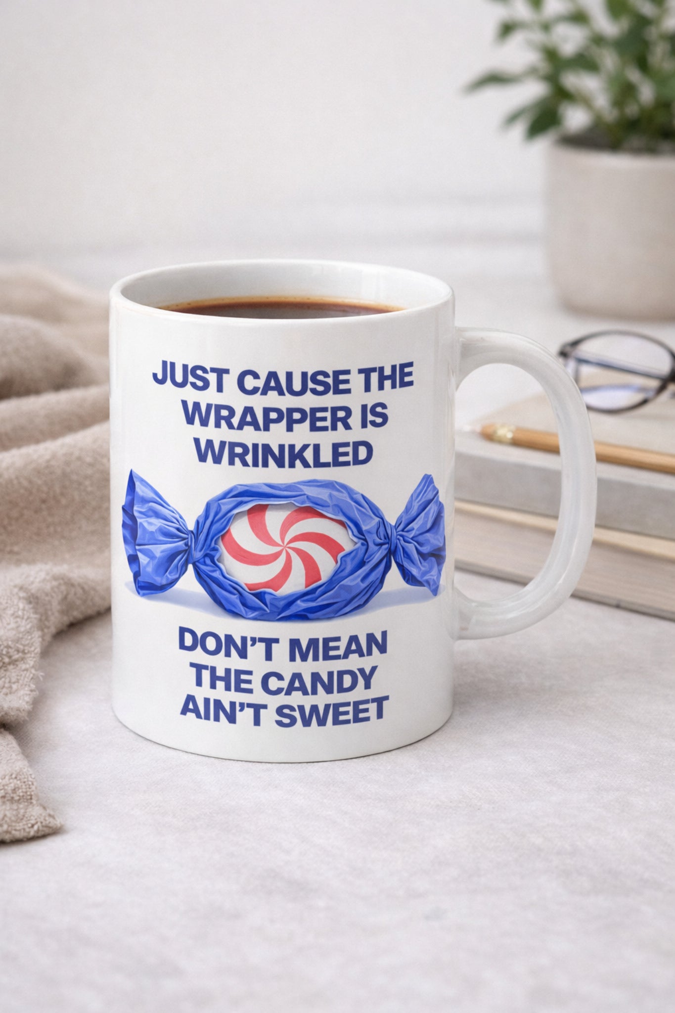 Inspirational quote mug in soft home coffee setting