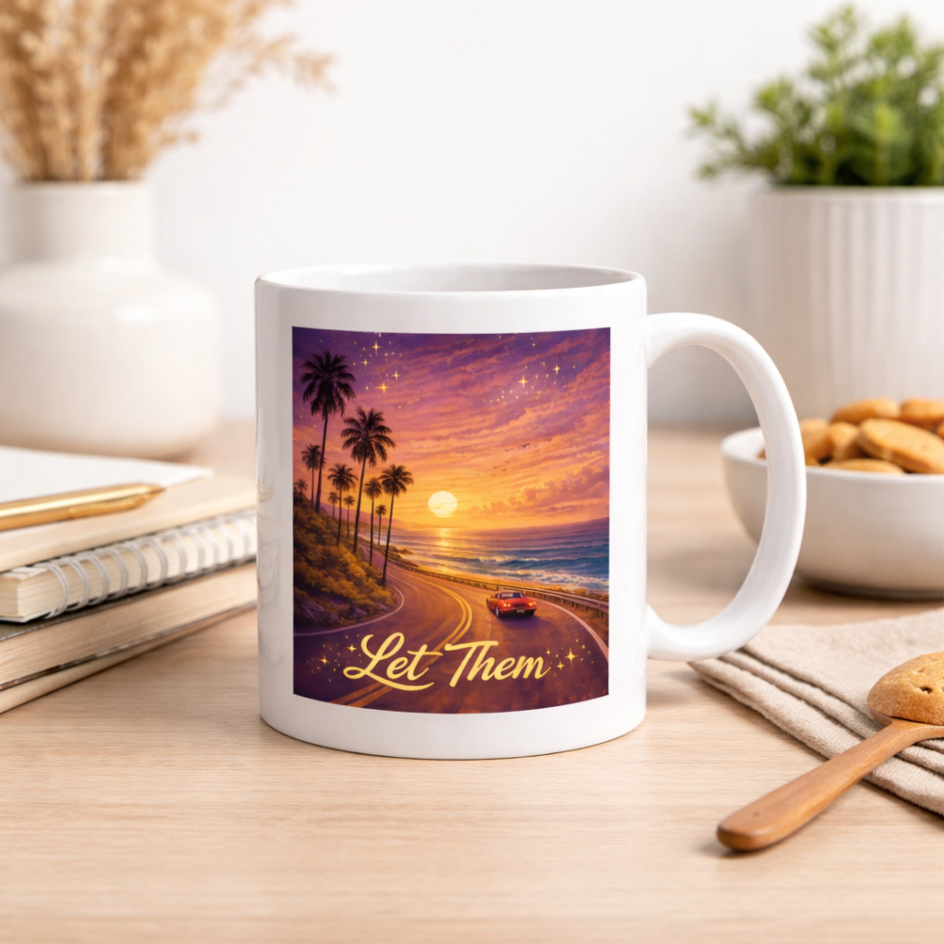 Let Them coffee mug on a desk in a calm daytime workspace