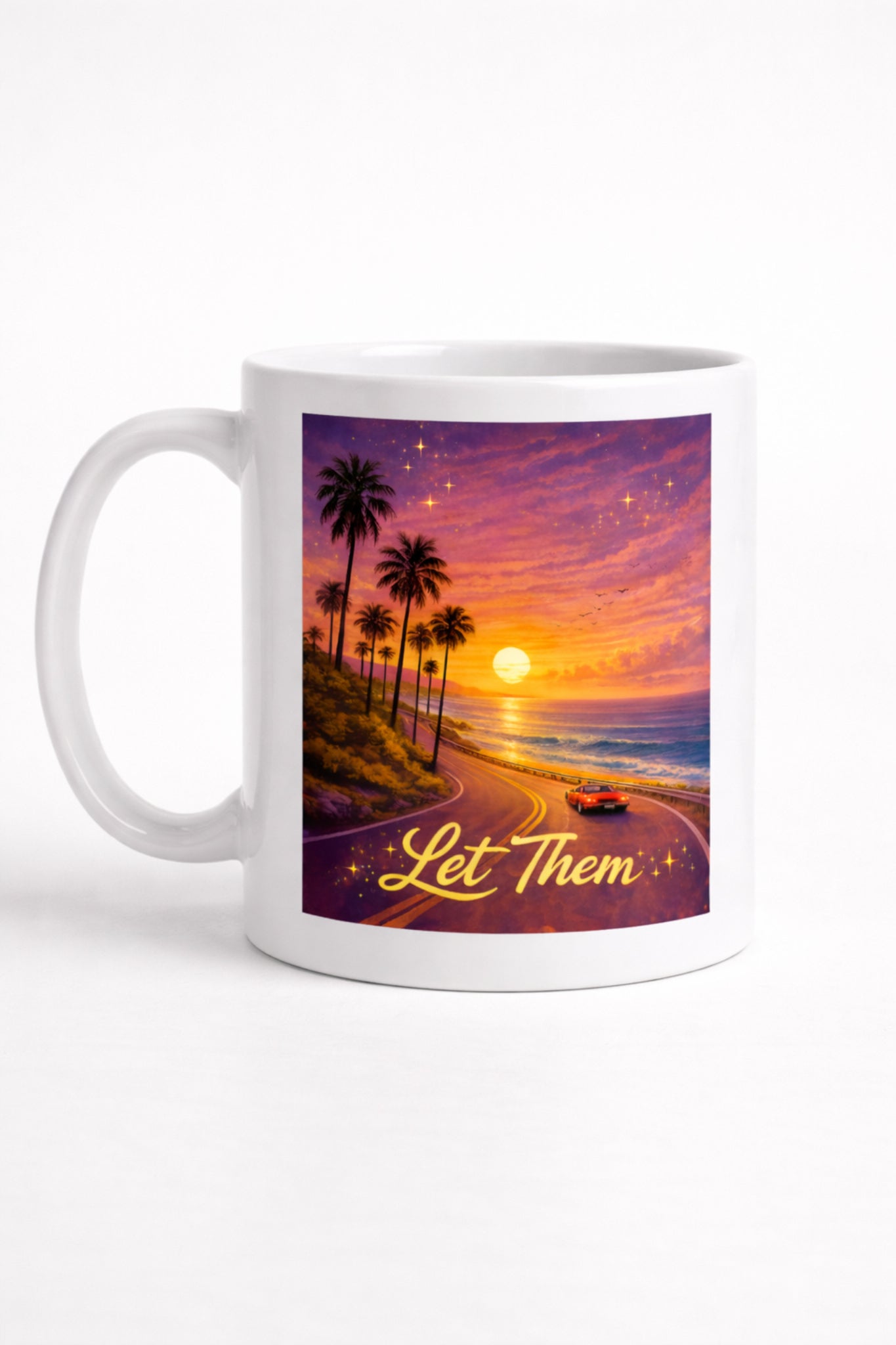 Motivational Let Them mug showing artwork and handle from alternate angle