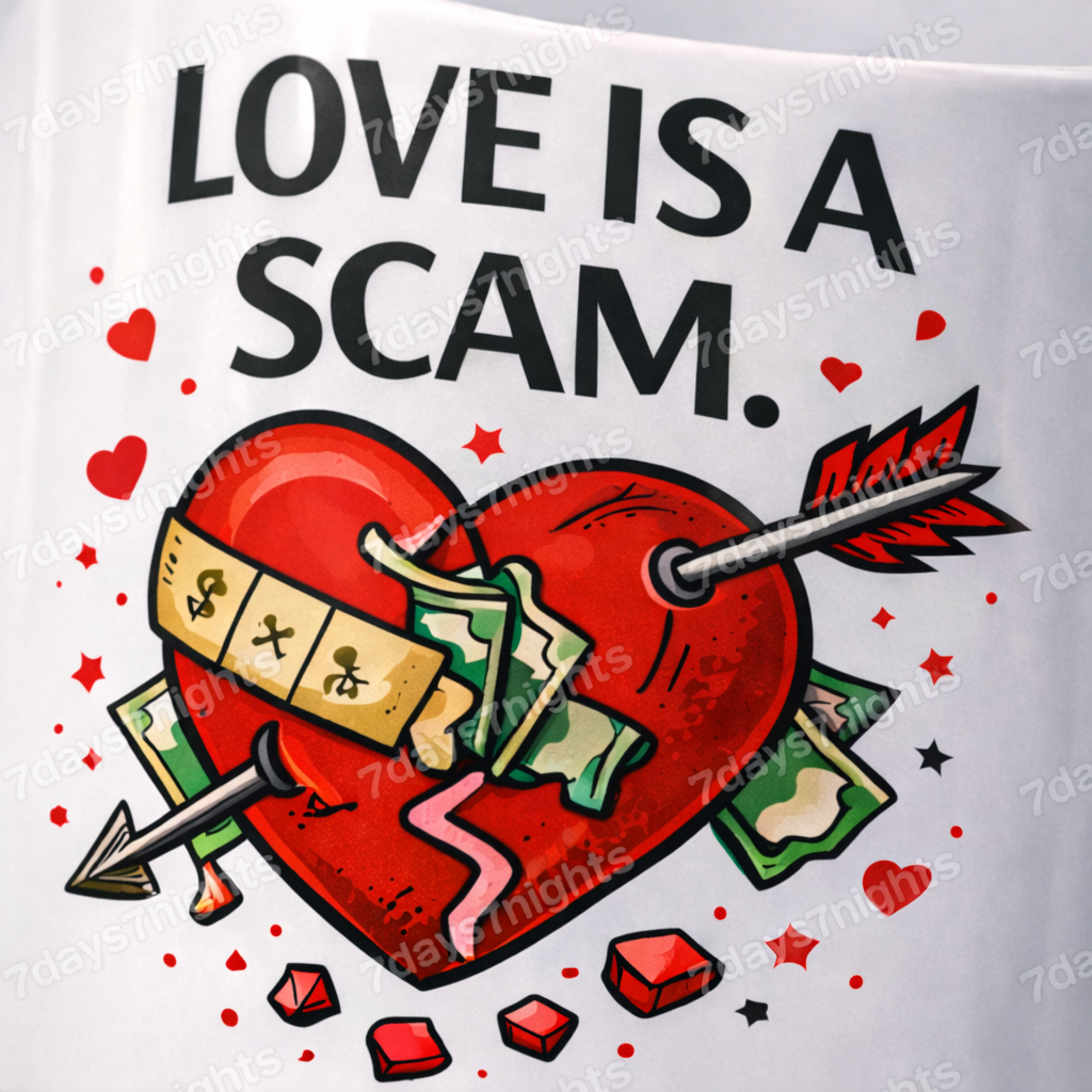 Close-up of Love Is A Scam heart design on mug