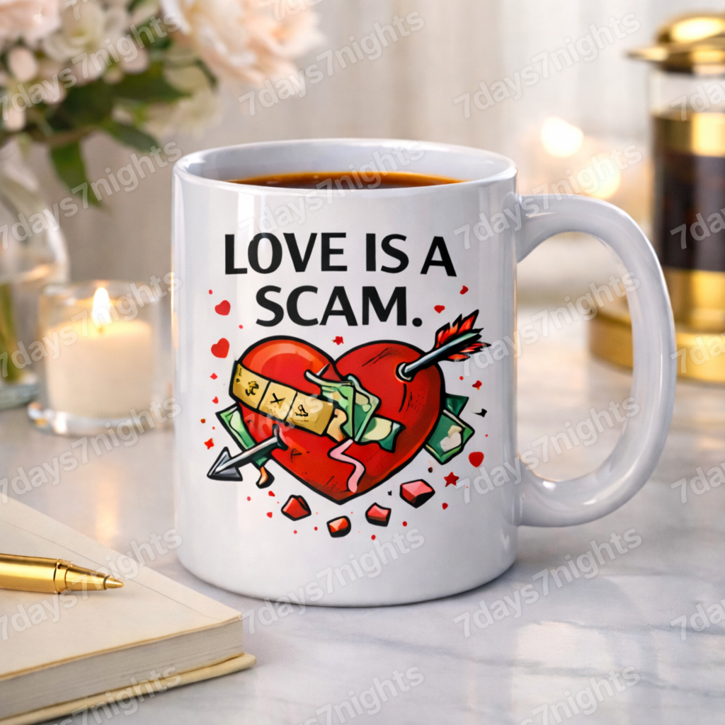 Love Is A Scam mug on desk with candle and notebook