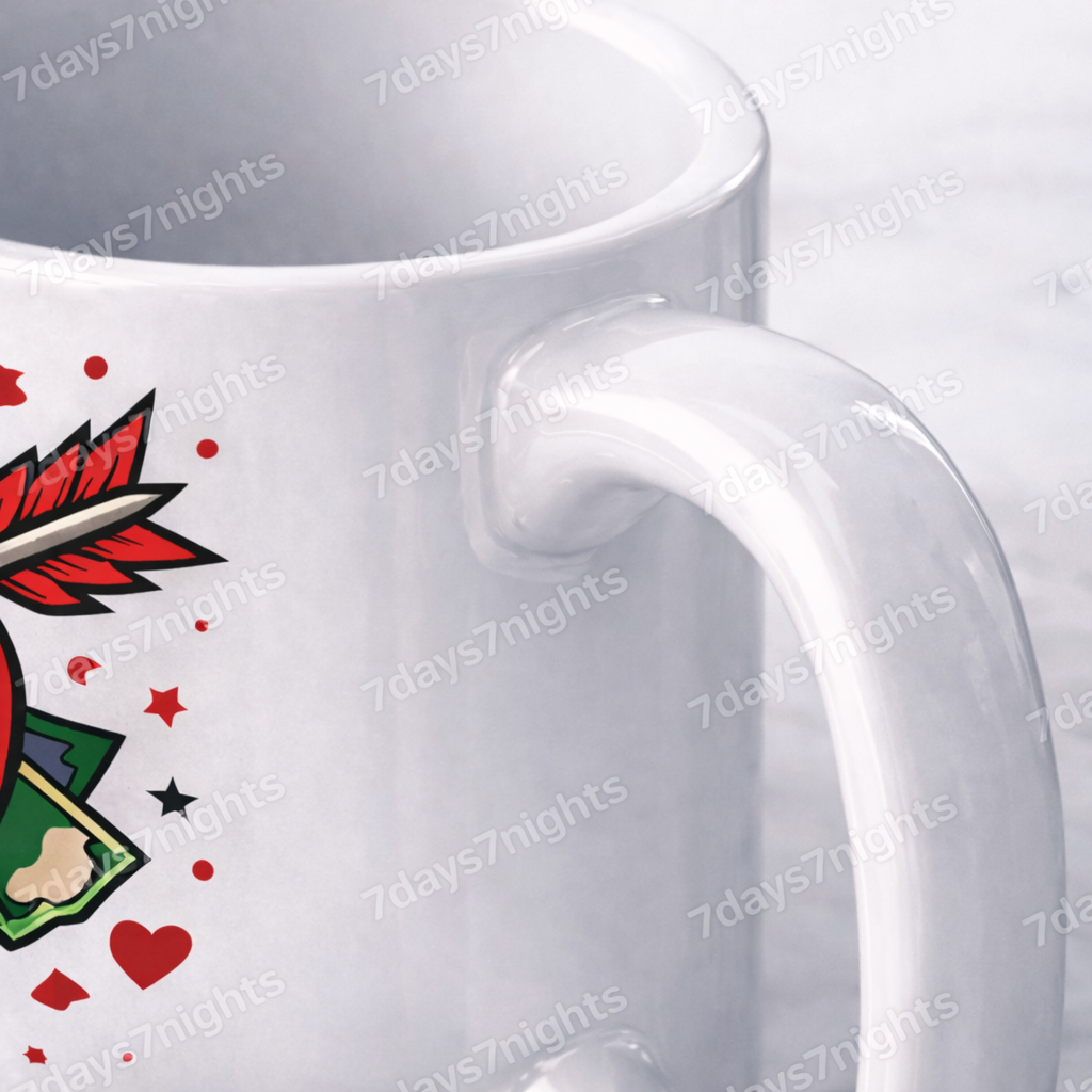 Handle detail of Love Is A Scam ceramic mug