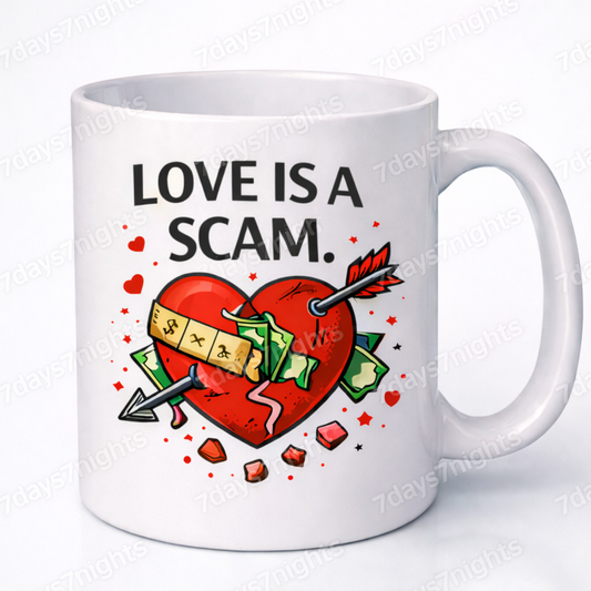 White ceramic mug reading Love Is A Scam with heart and money design