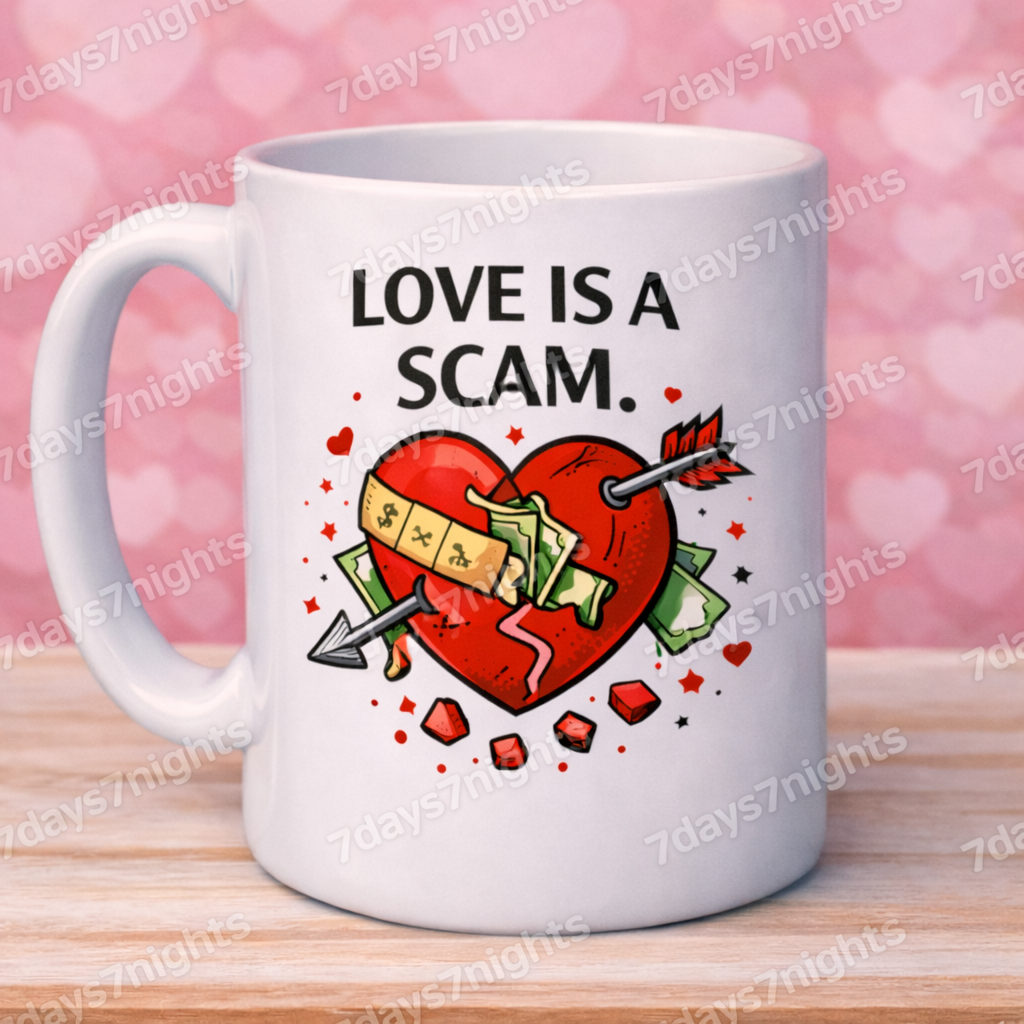 Love Is A Scam mug on pink heart background lifestyle photo