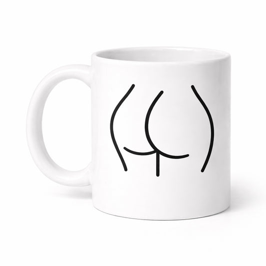 Minimalist white ceramic mug with abstract black line art design on clean background