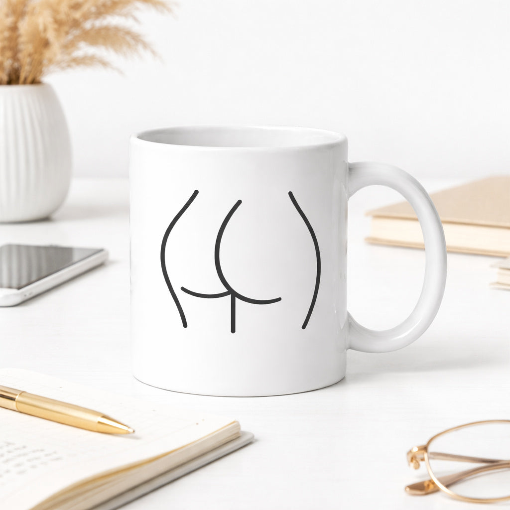 Modern ceramic coffee mug featuring minimalist abstract line art, side angle view