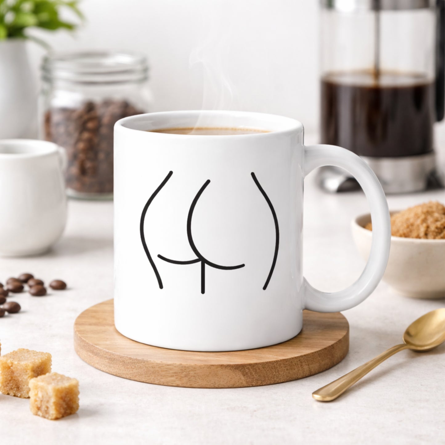 Modern minimalist ceramic mug with abstract line art in clean coffee setup