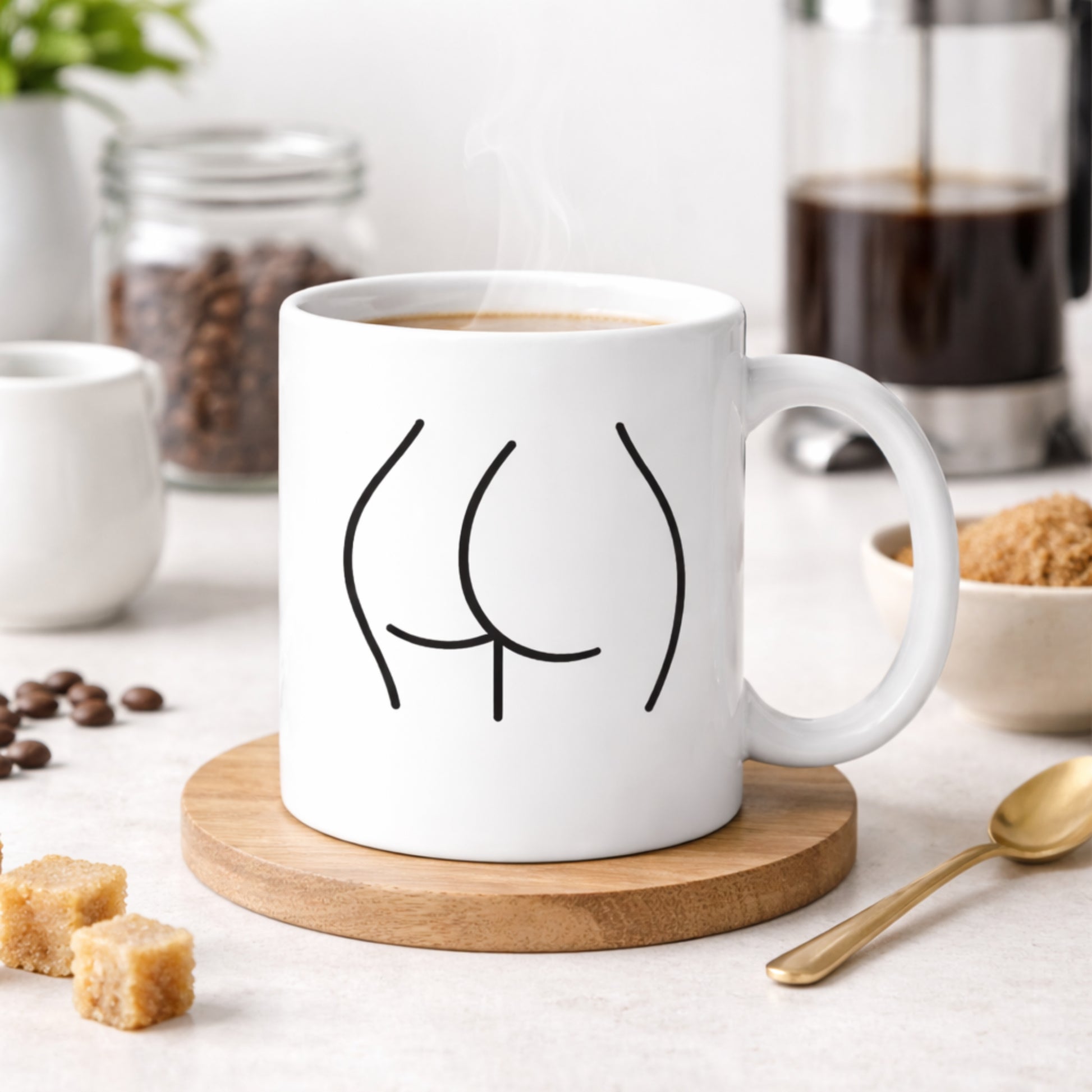Modern minimalist ceramic mug with abstract line art in clean coffee setup
