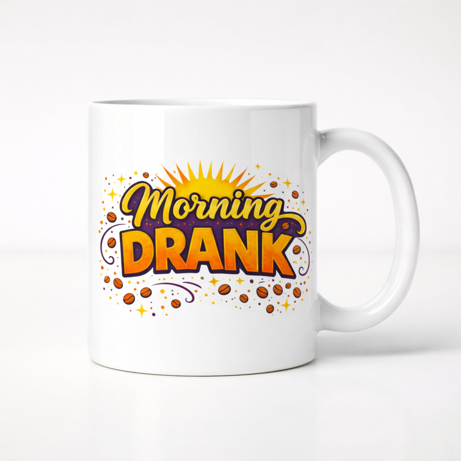 White ceramic coffee mug with colorful Morning Drank typography design