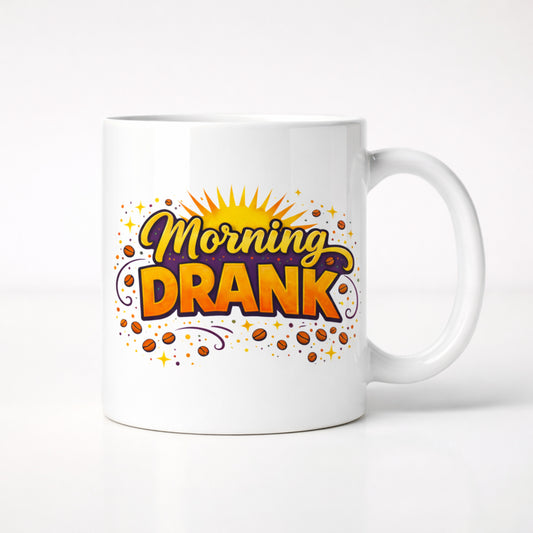 White ceramic coffee mug with colorful Morning Drank typography design