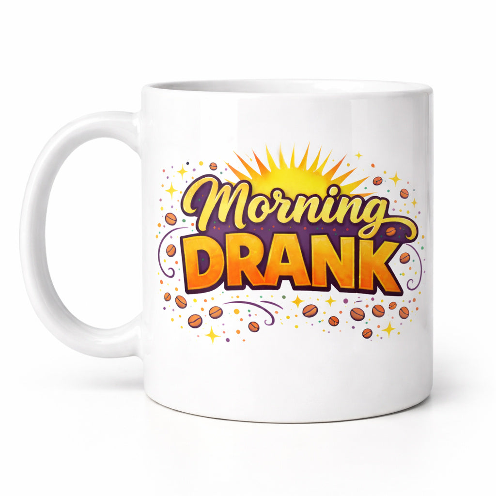 Side view of Morning Drank coffee mug showing handle and design